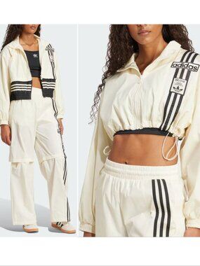 Adidas Adibreak Woven 2-In-1 Track Top JACKET Size S Cream White Black Crop NEW